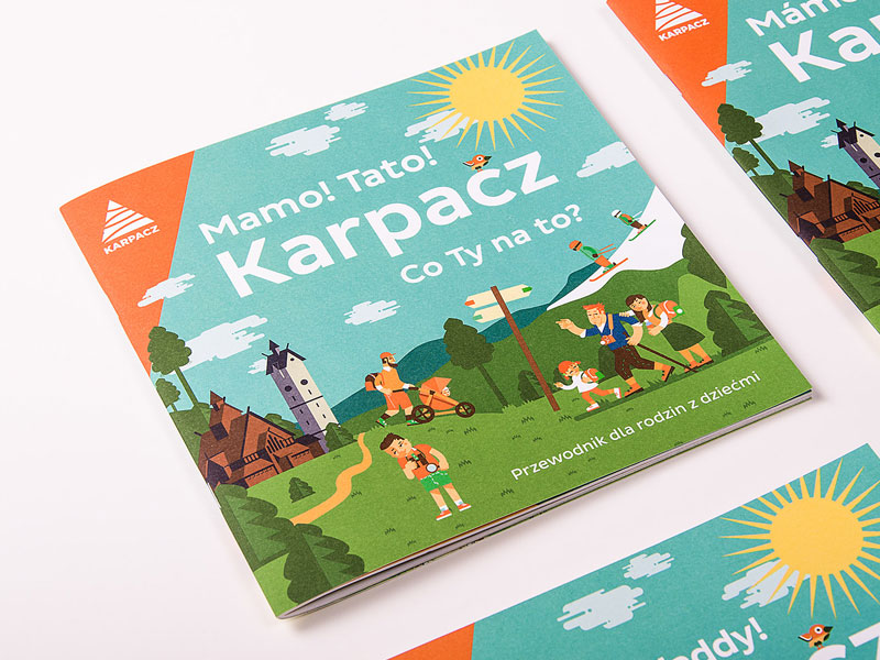 Okładki przewodnika dla rodzin z dziećmi dla Miasta Karpacz w 4 wersjach językowych.