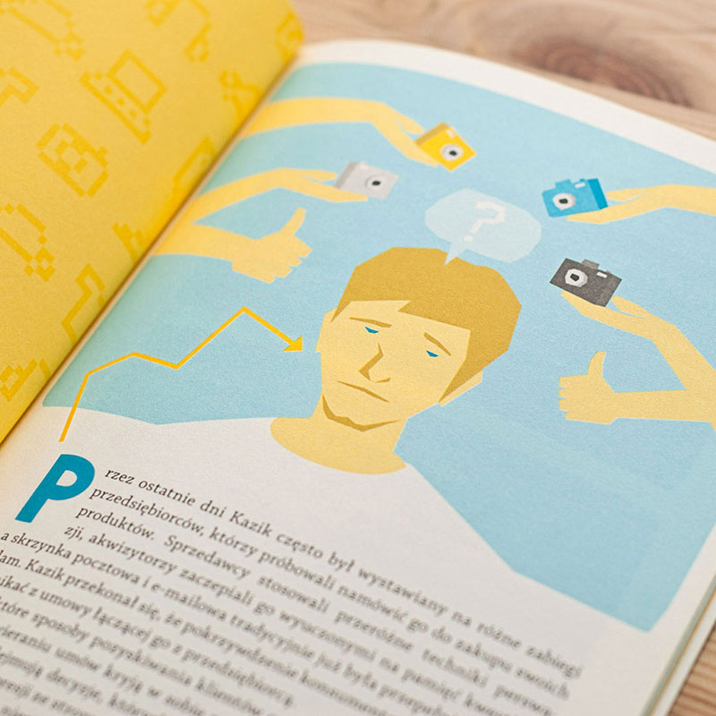 Ilustracja książki pt. Podręcznik internetowego konsumenta, przedstawiająca zmartwionego chłopaka, nad którym wisi las rąk trzymających kompaktowe aparaty fotograficzne